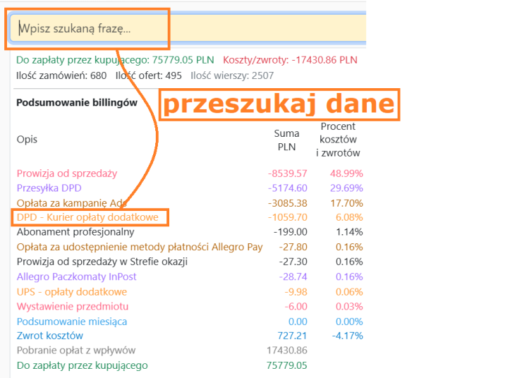 Acernus - bilingi Allegro - dopłaty doatkowe znajdź problematyczne transakcje.png