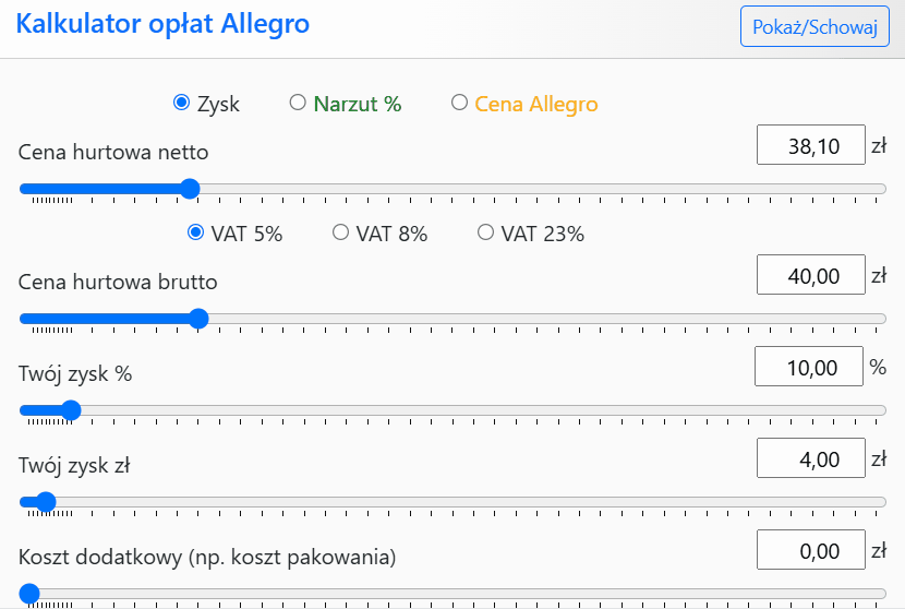 Kalkulator opłat Allegro Acernus