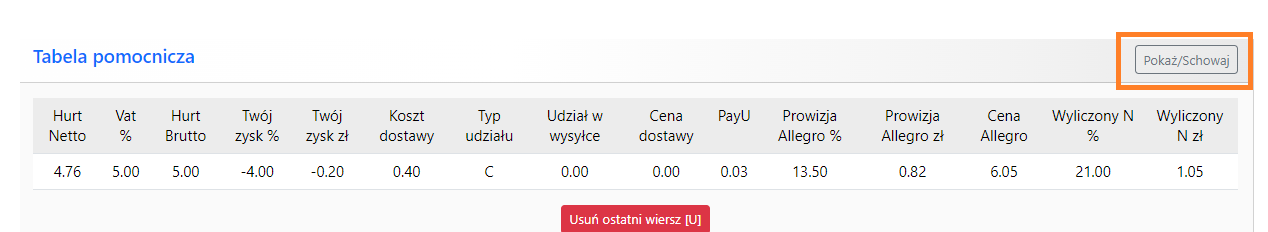 acernus - kalkulator opłat allegro - tabela pomocnicza - alekalkulator.pl
